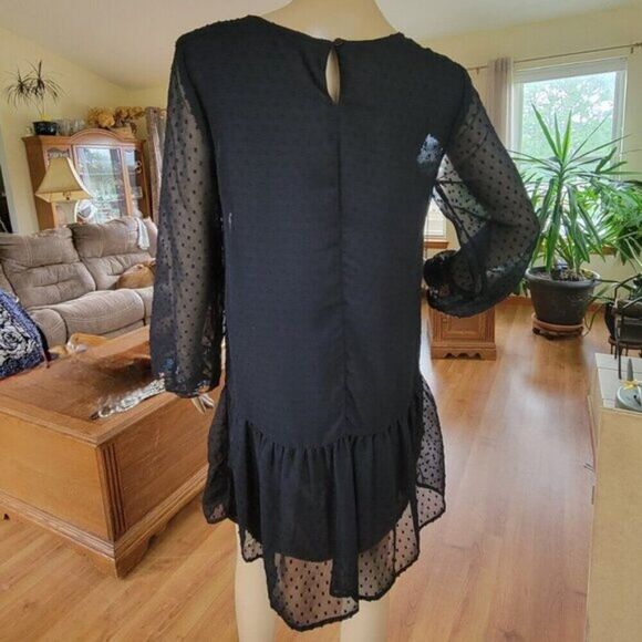 Japna Dress Black Embroidered Floral lined chiffon long sheer sleeves Medium EUC - Picture 3 of 14